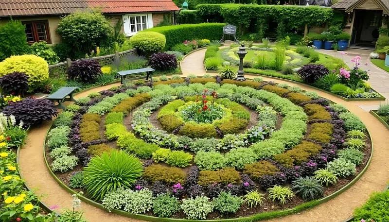 Diseño de jardín en espiral con plantas ornamentales realizado por Jardinería Jofeva en Madrid